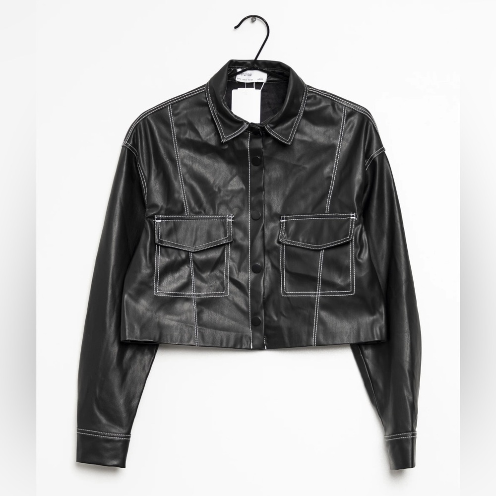 Bershka Faux Black Leather Jacket with White Stitching